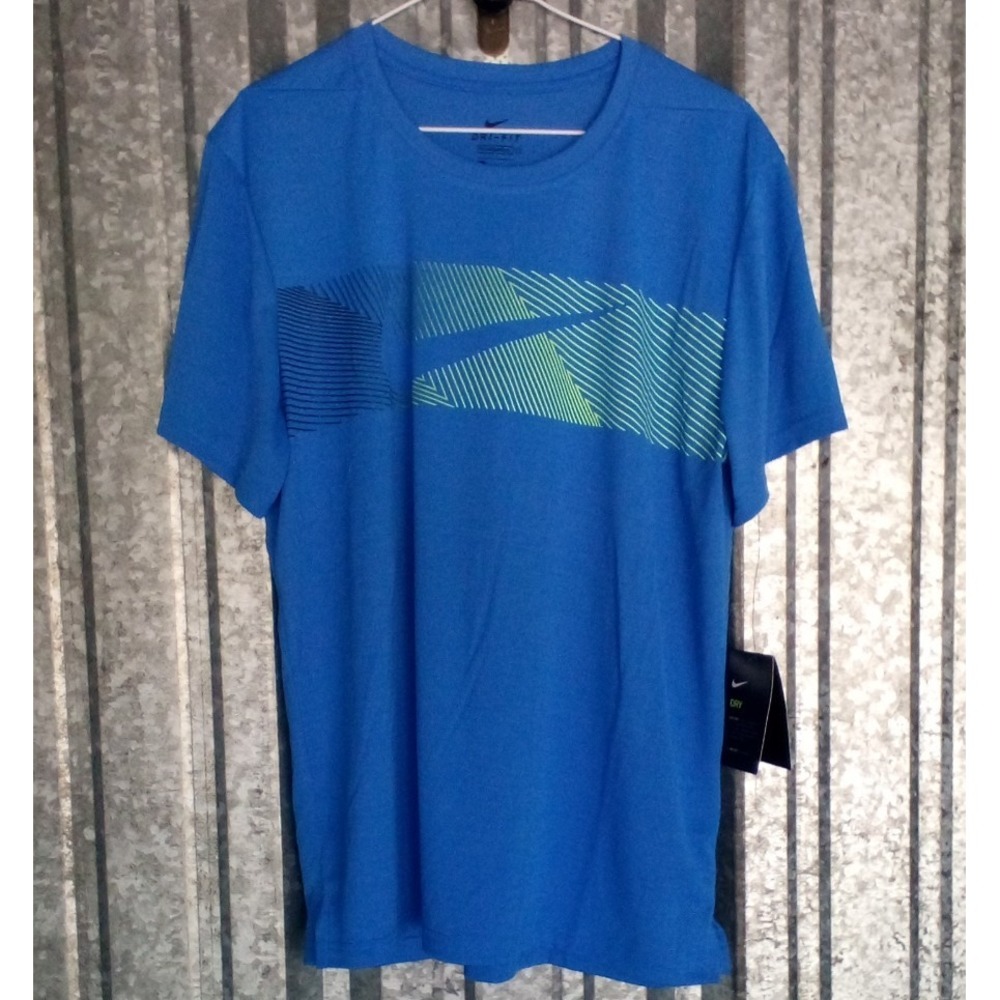 Nike T-Shirt Mens L Blue Dri-Fit Standard Fit Running Wicking Large Swoosh New